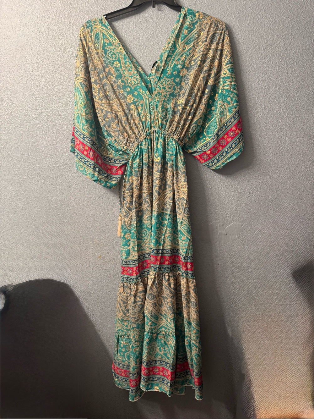 Bohemian Teal Paisley Maxi Dress with Tie Waist nwt